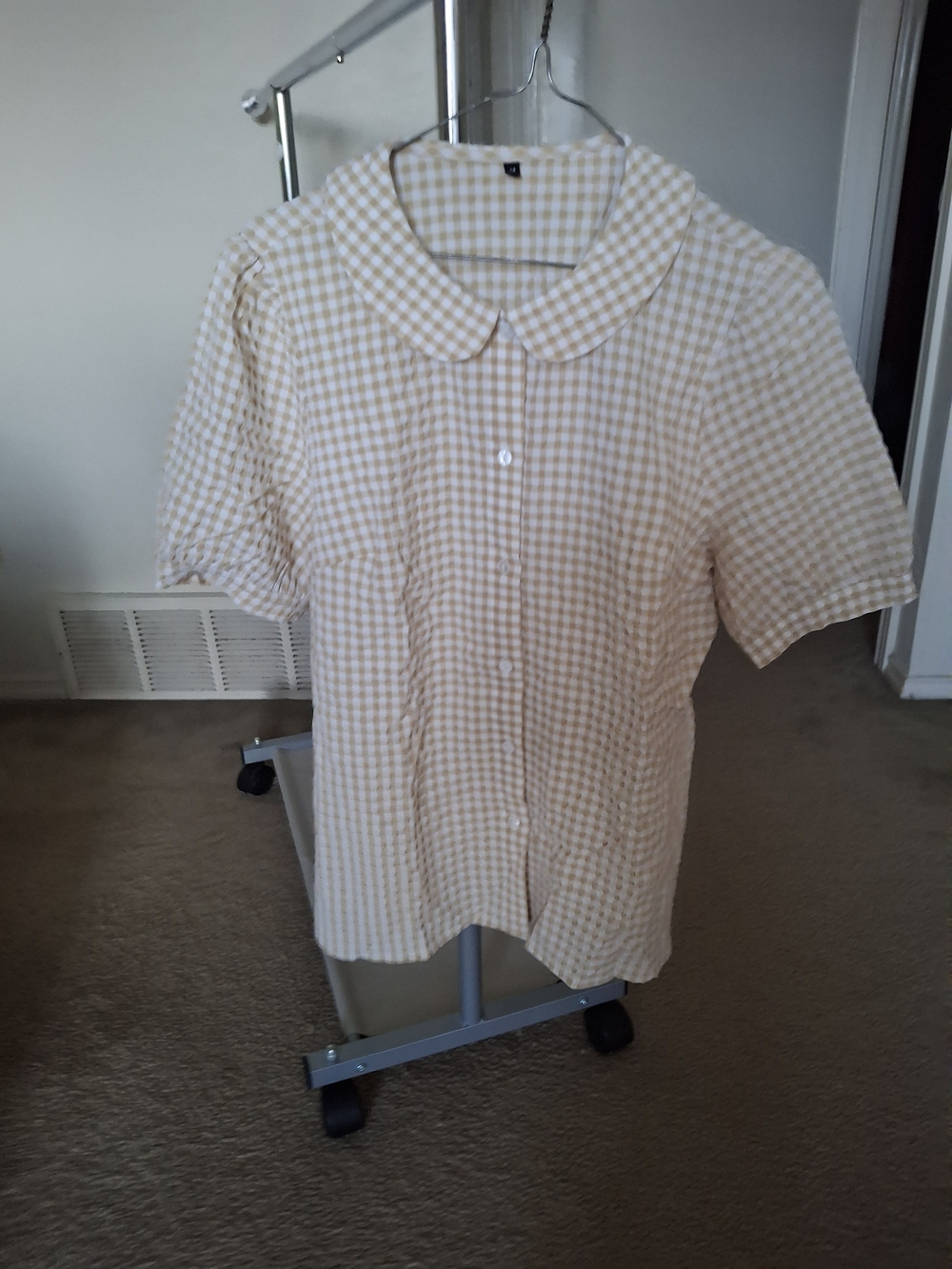 Gingham Peter Pan Collar Blouse in Cream & Beige